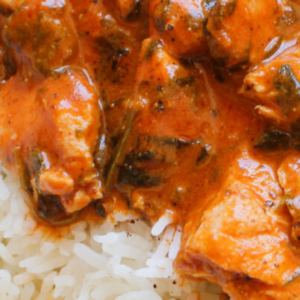 Salmon simmered in thick curry of coriander masala, Gluten Free, Nut Free