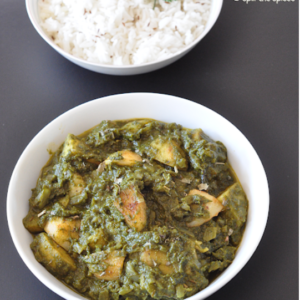 Vegan Aloo Palak (Potato Spinach)  is a smooth spinach blended with potato cooked in spices, ginger turmeric cumin, garlic Nut free