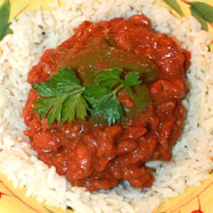 Chili Beans over Rice with Picked Onions