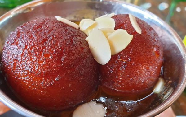 Gulab Jamun (2 Pcs) Condensed Milk dumpling in Sweet Syrup 2 pcs with optional Walnuts 